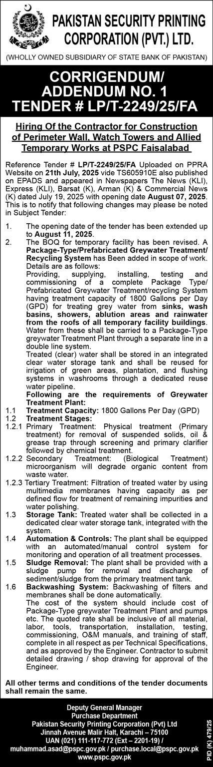 Pakistan Security Printing Corporation Karachi Tender Notice